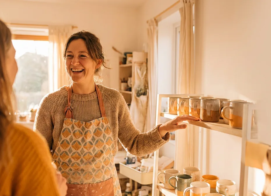 A ceramic artist and small business owner talks with a visitor in her workshop, pointing to glazed mugs arranged on a display shelf.